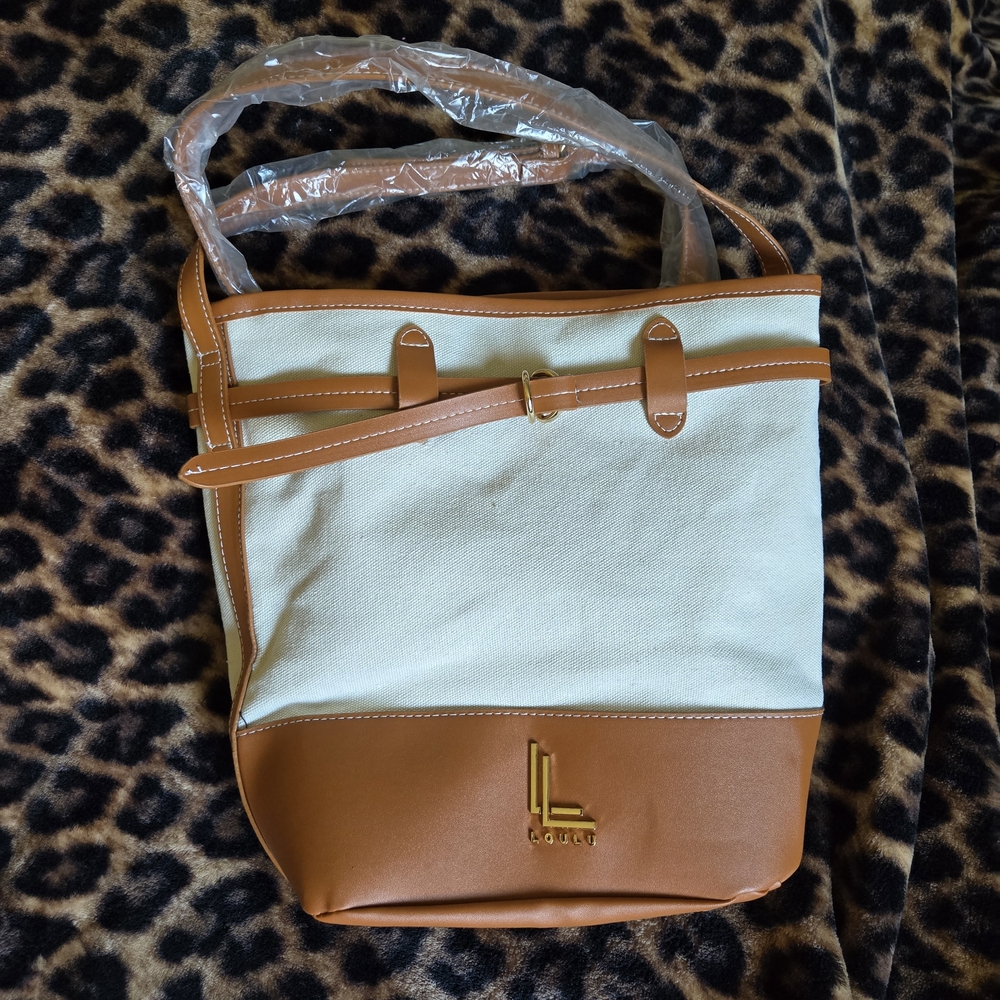 Faux Leather-Trim Canvas Bucket Tote Bag in Cream and Tan